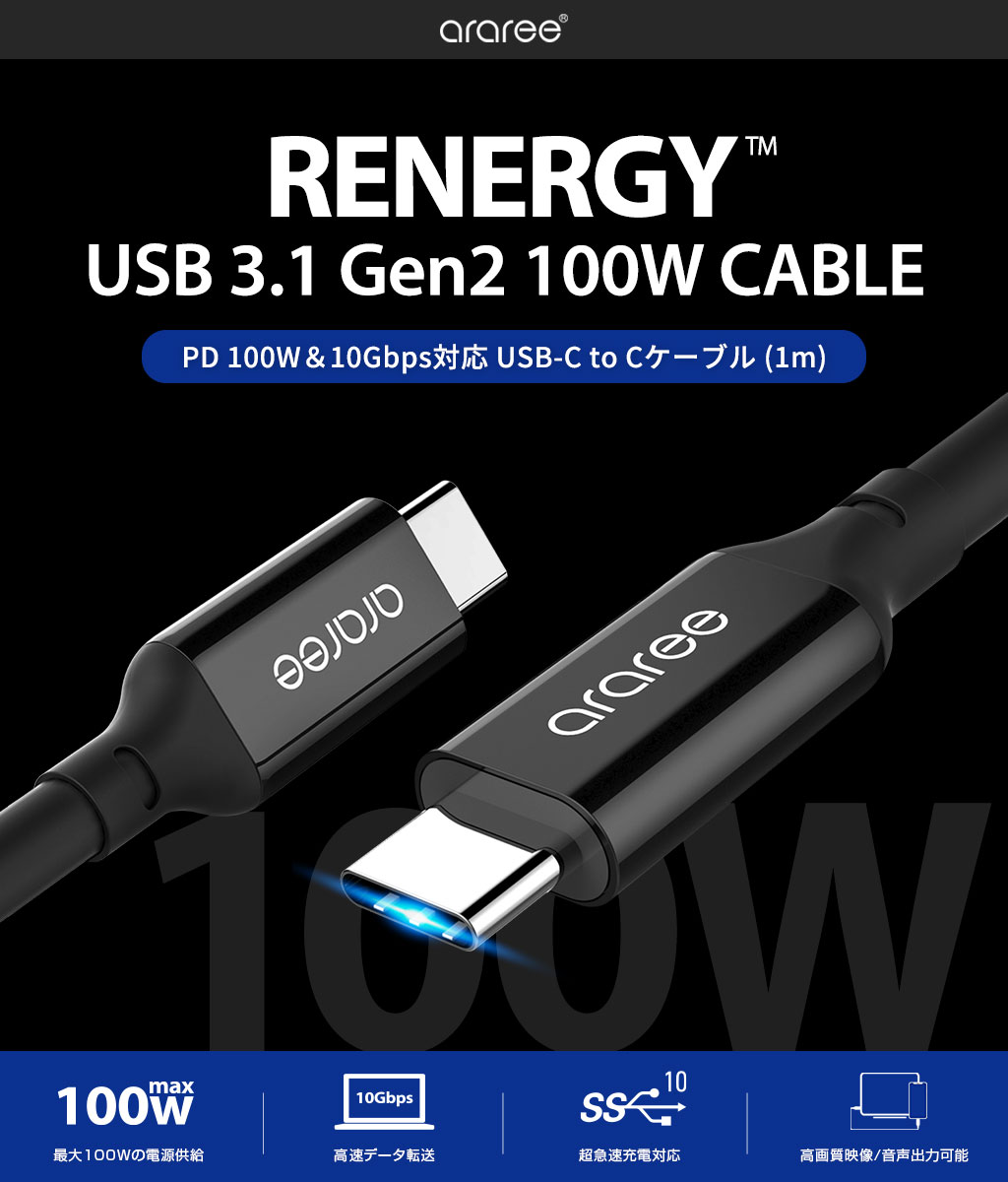 USB Type-C to C ケーブル RENERGY PD対応 100W 急速充電 1m USB3.1 Gen2 10Gbps – 【公式サイト】  araree（アラリー）