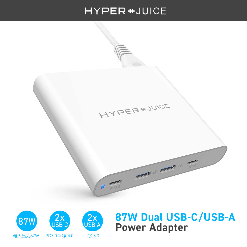 HyperJuice 87W Dual USB-C/USB-A Power Adapter