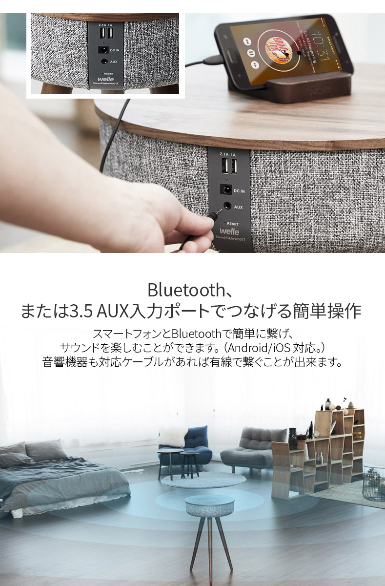 Bluetooth、または3.5 AUX入力ポートでつなげる簡単操作